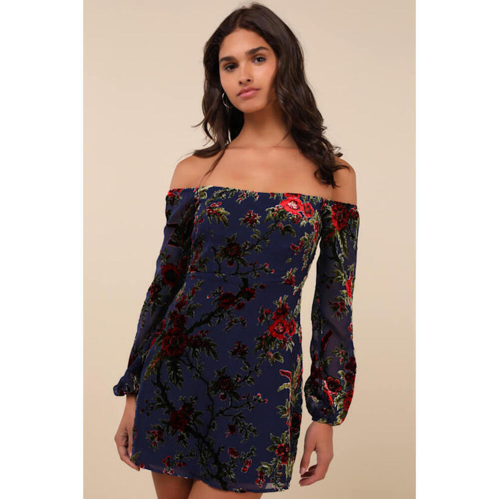 Lulus Magnificent Charm Navy Velvet Off-the-shoulder Mini Dress Blue - Size S